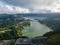 Nature landscape paradise. Azores, european holiday travel destinations. Drone aerial view of volcanic landscape. Sao Miguel islan