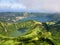 Nature landscape paradise. Azores, european holiday travel destinations. Drone aerial view of volcanic landscape. Sao Miguel islan
