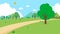 Nature landscape with road vector illustration.Field with mountain, trees, sun, sky, and clouds.Green park