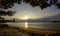 Nature landscape scene, Sunset sky at sea with beach and tree canopy