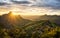 Nature Landscape of sunset ,sun rays , mountain view , beautiful sky