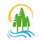 Nature logo vector. Three pine trees, water flow in the river sybmol. Eco emblem.