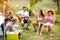 Nature lovers in camp in forest