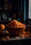 Nature morte with peeled oranges in a bowl on dark background, ai artwork