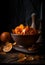 Nature morte with peeled oranges in a bowl on dark background, ai artwork
