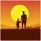 Nature, mountains, hills and sunset. Father and son camping. Silhouette of people on the sun background. Spring family picnic trip