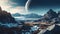 nature with mountains and space view with planets