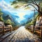 Nature painting of empty street in mountain with beautiful view of ocean with tree, wooden guardrail, stone footpath, design, art