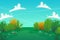 Nature park background. green grass on the lawn field, bushes plants and flowers, trees landscape. comic book style vector scenery