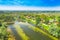 Nature park Lonjsko polje, Croatia from air, panoramic view of village Muzilovcica