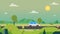 Nature path countryside with car and sky background vector illustration.Beautiful nature scene.Spring landscape