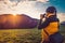 Nature photographer tourist in mountains