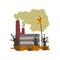 Nature pollution factory, danger zone with warning sign, ecological problem, environmental pollution concept, vector