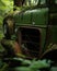 Nature reclaims its place with a single rusted Humvee engulfed in green. Abandoned landscape. AI generation