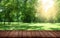 Nature Retreat: Wooden Board Empty Table with Park Blur Background