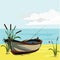 Nature river bank boat reeds fishing rod float stones grass sunny morning rest relax memories golden sand clouds blue sky vector