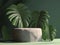 Nature rock pedestal with tropical palm leafs, ai-generated artwork