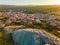 Nature, rocks and the town of Arzachena, Sardinia, drone views