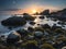 Nature\\\'s Ballet: Serene Seaside Scene with Boulders, Seaweed, Sun, and Moon