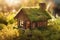 Nature\\\'s Beauty Captured: Miniature Wooden House in Spring Grass and Moss, AI Generated