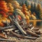 Nature\\\'s Embrace: Driftwood Charm by the Autumn Lake, landscape background