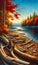 Nature\\\'s Embrace: Driftwood Charm by the Autumn Lake, landscape background, Painting