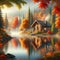Nature\\\'s Embrace: Lakeside Cabin in Autumn Splendor, landscape background