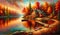 Nature\\\'s Embrace: Lakeside Cabin in Autumn Splendor, landscape background, autumn painting