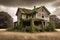 Nature\\\'s Encroachment: Abandoned House Overgrown with Ivy, Broken Windows Allow Overcast Sky to Peer In