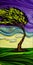 Nature\\\'s Fury in Blown Glass: A Windswept Tree Field Illustration