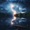 Nature\\\'s Grand Symphony: Illuminated Serenity by Striking Lightning Over Water