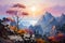 nature\\\'s grandeur with this canvas painting, featuring mountain peaks in a landscape of awe-inspiring beauty.