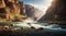 Nature\\\'s Grandeur: Where a Swift River Meets Towering Cliffs in Perfect Harmony