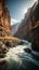 Nature\\\'s Grandeur: Where a Swift River Meets Towering Cliffs in Perfect Harmony