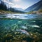 Nature\\\'s Icon: Salmon Fish in a Pristine River Nestled Amongst Towering Mountains.AI generated