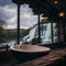 Nature\\\'s Oasis: Bathtub Retreat by the Panoramic Waterfall Window