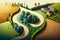 Nature\\\'s Photorealistic Top View: Beautiful Countryside, Agricultural Fields,