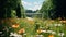 Nature\\\'s Reclamation: Overgrown German Motorway Amidst Blooming Wildflowers and Trees