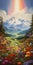 Nature\\\'s Serenity: A Multilayered Painting Of Mountains And Flowers