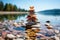 Nature\\\'s serenity, stacked pebbles, butterfly, colorful summer sky, tranquil beach