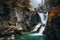 Nature\\\'s Symphony: Watercolor Waterfall in a Rocky Gorge.