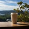 Nature\\\'s tableau, paper cup of coffee amid an outdoor landscape Blissful simplicity