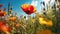 Nature\\\'s Tapestry: Poppies, Butterfly, and the Azure Sky