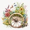 Nature\\\'s Wheel: Antique Wooden Cart with Springtime Flowers AI Generated
