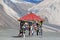 Nature Scene of Red pavilion with tibetan flag with mountain background  at Pangong tso or Pangong Lake  Leh Ladakh ,Jammu and Kas