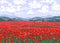 Nature Scene with Red Poppy Field, Hills, Clouds in Sky