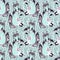 Nature seamless pattern background with cute forest baby fox fantasy spirit cub. Wild Kitsune with many tails and trees.