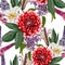 Nature seamless pattern. Hand drawn summer background: red dahlia, lilac, lilies and lupines flowers.