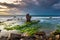 Nature Seascape with Boulders, Rocks and Green Mosses at Sunrise