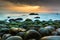 Nature Seascape with Green Moss Covered Rocks Beautiful Sunrise at Queen Beach